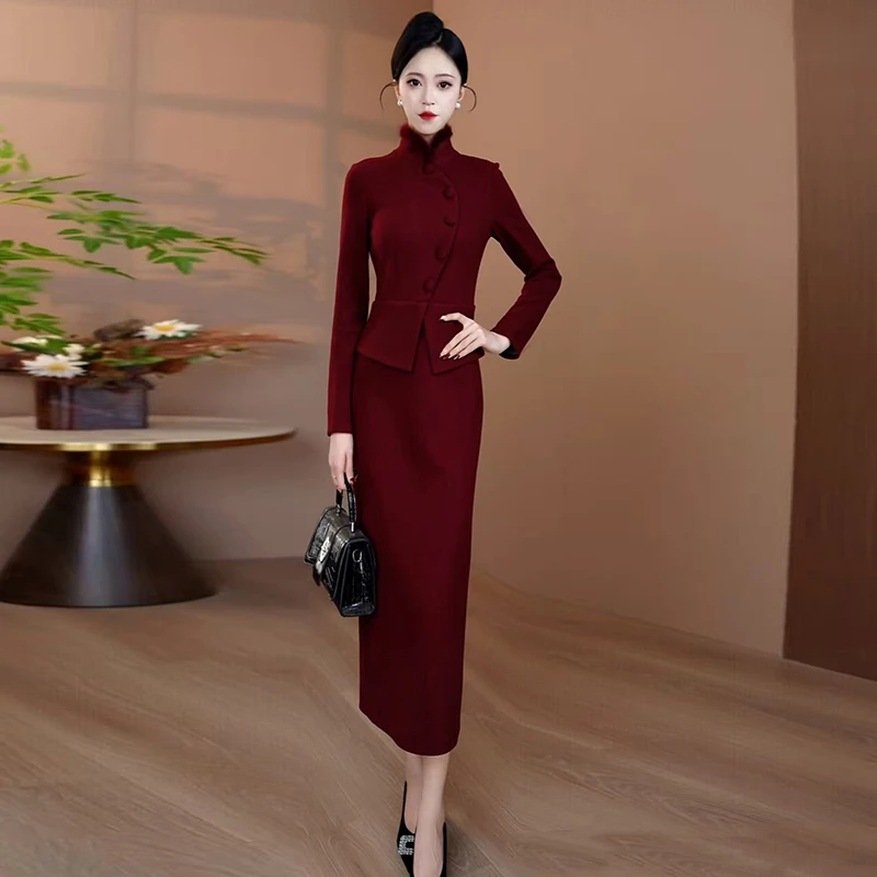 安哥拉红毛呢连衣裙女2025秋冬新款加厚修身裙子假两件显瘦长裙