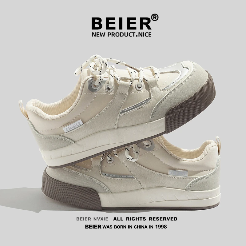 BEIER百搭休闲鞋透气女鞋2025秋季新款板鞋厚底增高复古红色6902