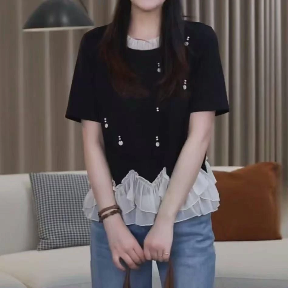 设计感荷叶边钉珠短袖T恤小众女装2025夏季爆款时尚下摆花边上衣