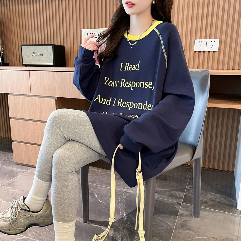 设计感字母印拼接撞色卫衣女秋季新款韩版时尚休闲百搭纯棉上衣潮