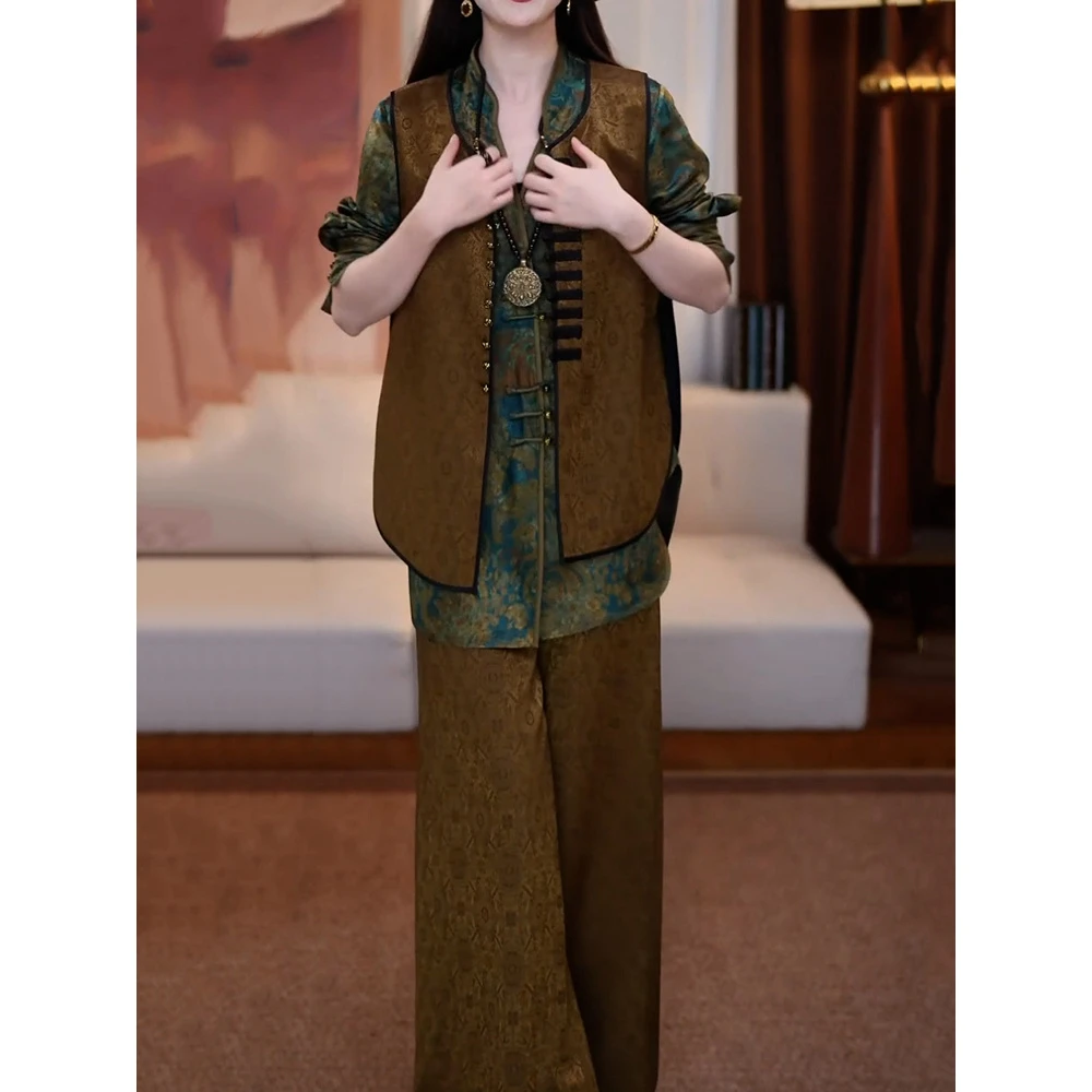 轻奢贵夫人高级感显瘦裤套装2025秋季新款百搭马甲衬衫裤子三件套