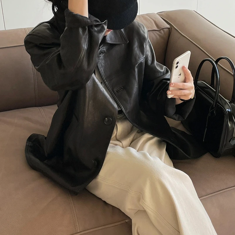 女款中长款真皮皮衣外套时髦洋气山羊皮风衣复古简约韩国风Barnet