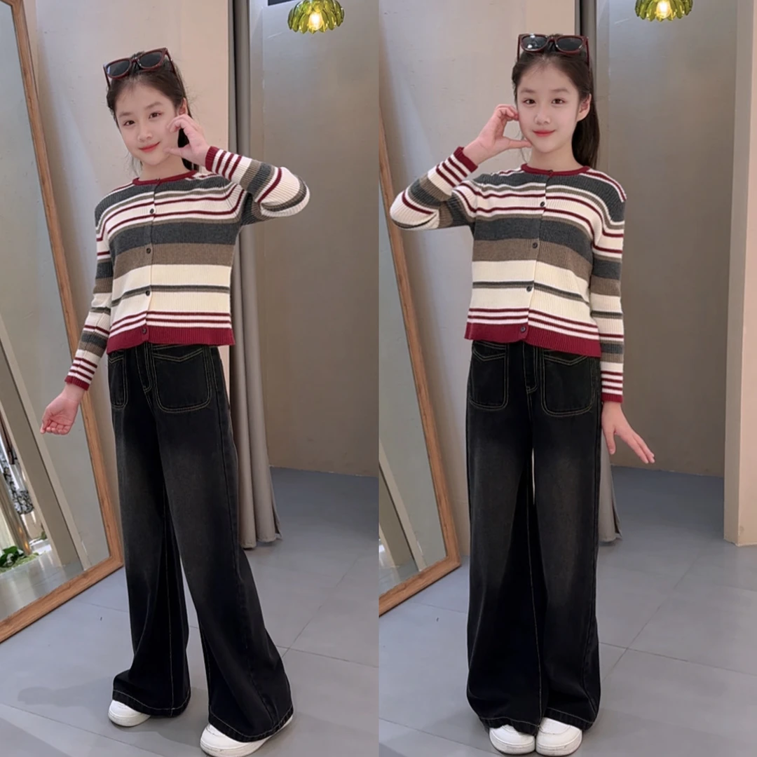女童秋季新款口袋牛仔裤毛衣开衫套装春秋长袖洋气薄款连帽宽松