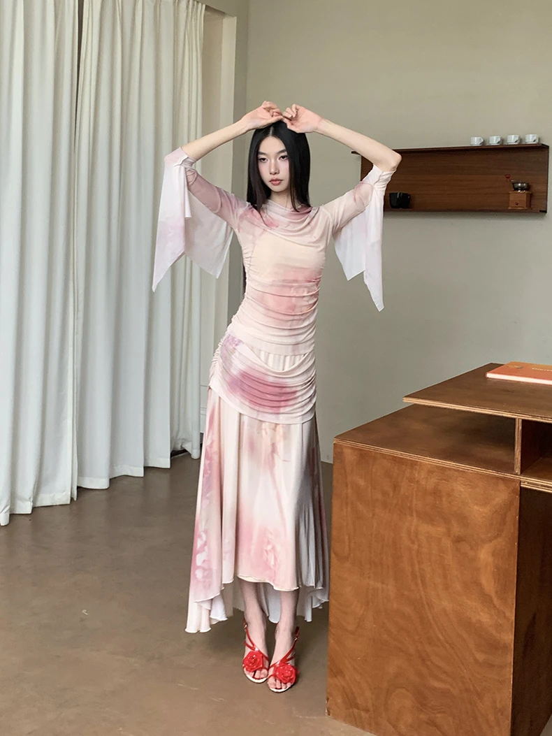 芮里RUILI 网纱印花荡领修身显瘦上衣不规则荡褶网纱半身裙两件套