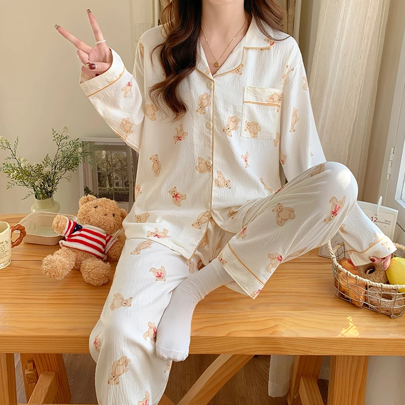 2025年睡衣女云朵棉卡通可爱小熊印花长袖套装少女薄款大码家居服