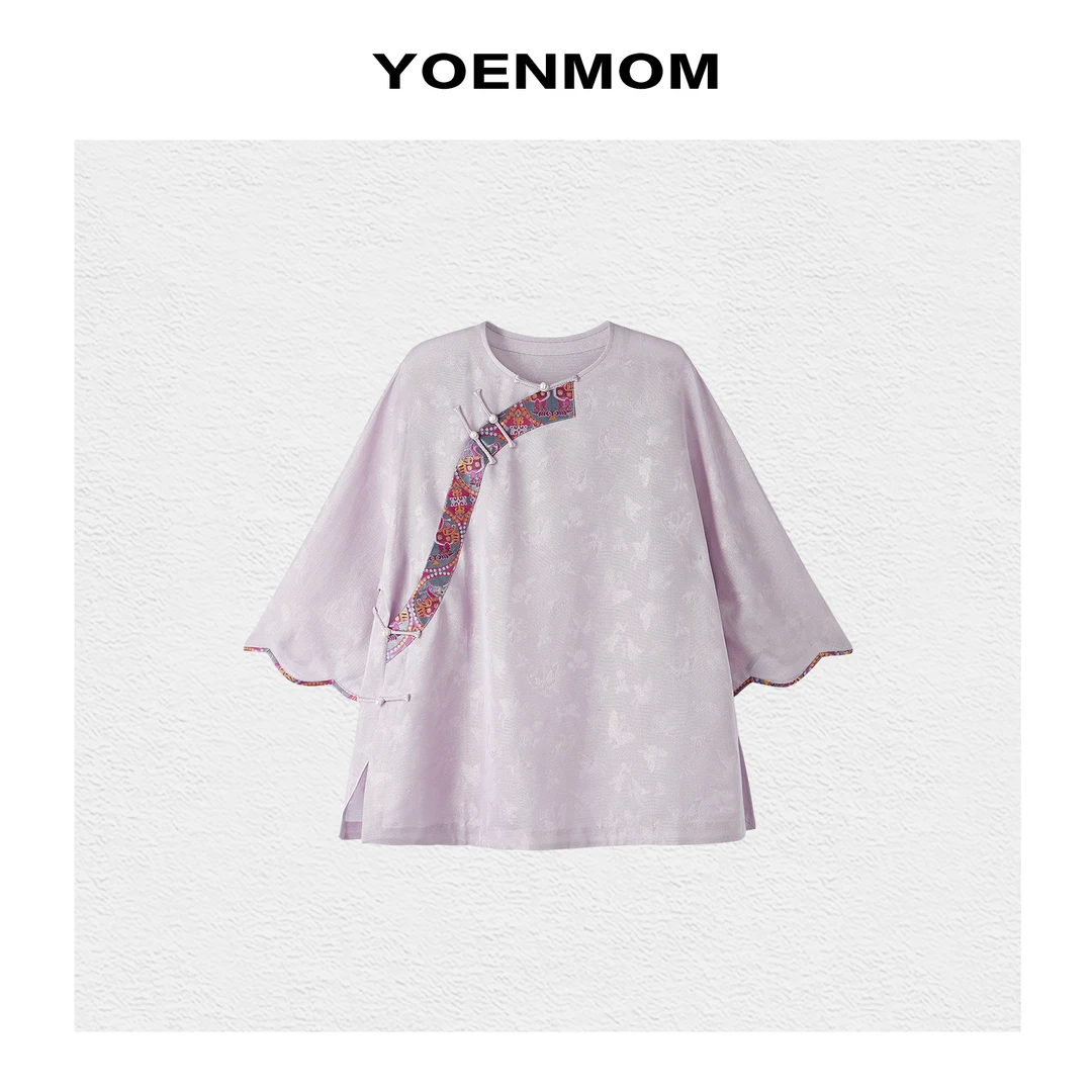 YOENMOM·温婉雅致·100桑蚕丝四经绞罗拼张和才蜀锦花瓣袖太太服