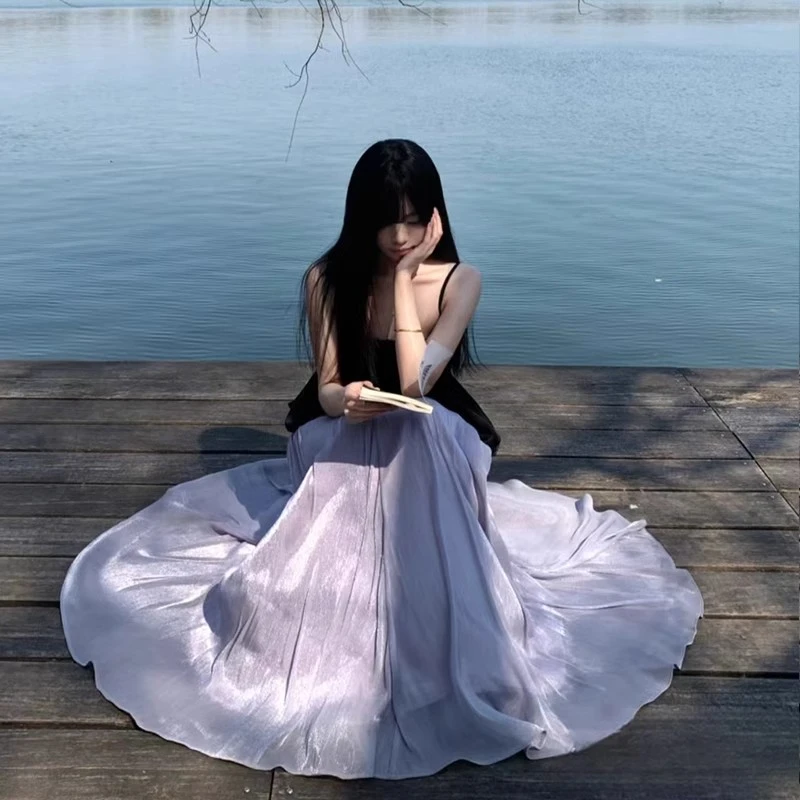 海岛缎面大裙摆波光粼粼半身裙女春夏2025年新款高腰显瘦半身长裙