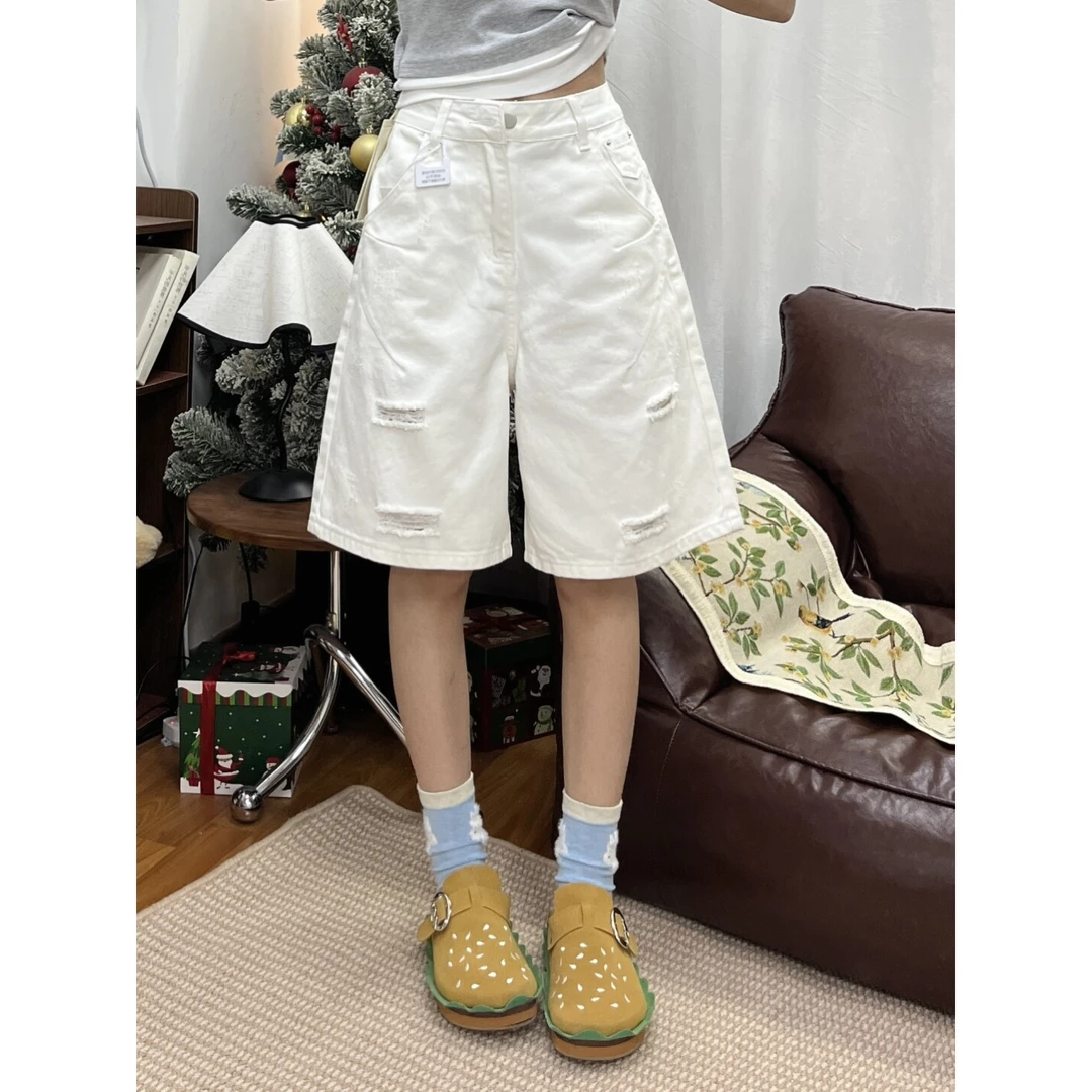白色破洞五分阔腿牛仔短裤女夏季新款设计感女裤高腰宽松直筒中裤