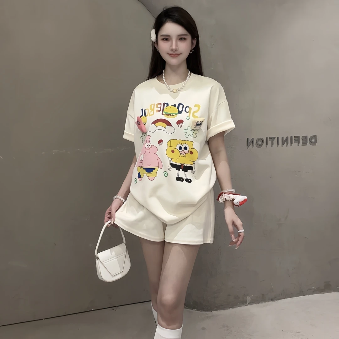 2025新款卡通海绵宝宝印花ins短袖休闲T恤女百搭减龄