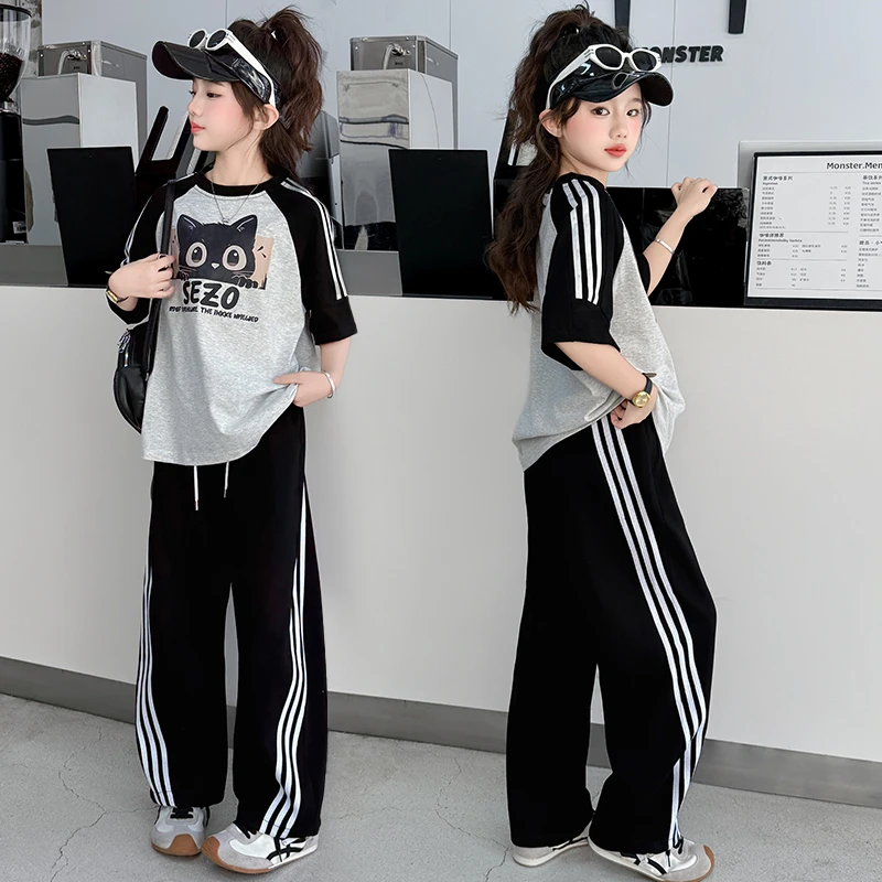 女童夏装短袖套装2025新款学生儿童休闲运动卫裤中大童女孩半袖T