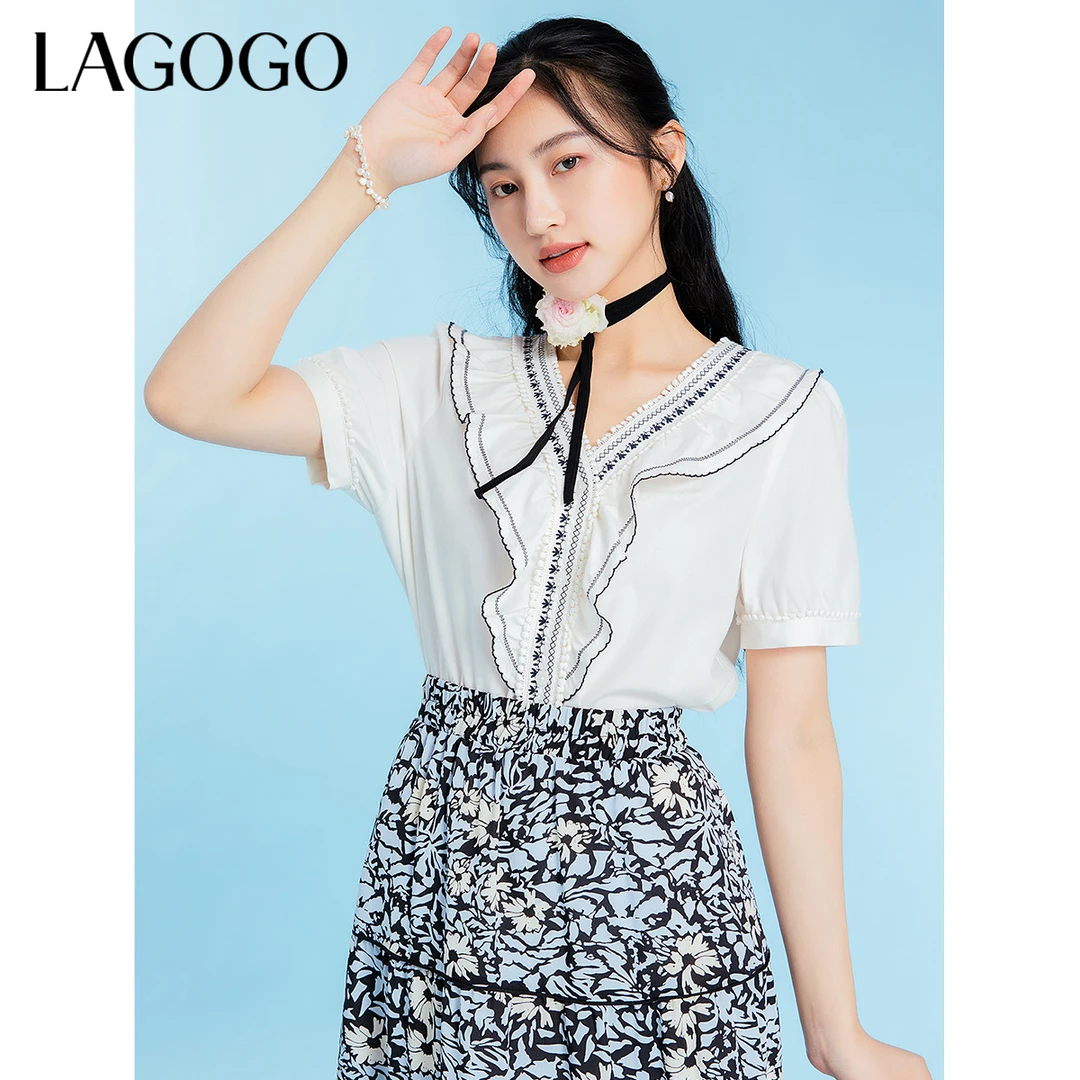 【夏上新】lagogo精致刺绣拼接设计感衬衫女MASS314A11