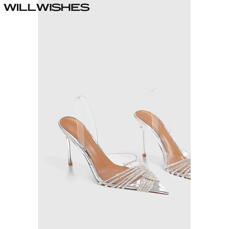 WILLWISHES/王玎女鞋2025年春季新款性感水钻尖头高跟鞋细跟凉鞋