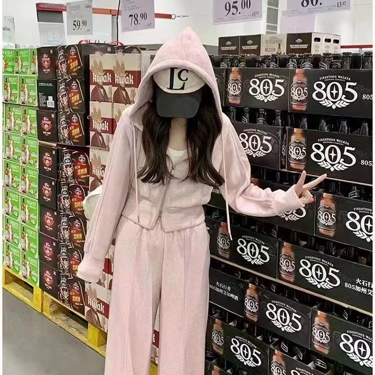 慵懒风休闲运动卫衣套装女秋季韩版高级感连帽开衫阔腿裤两件套