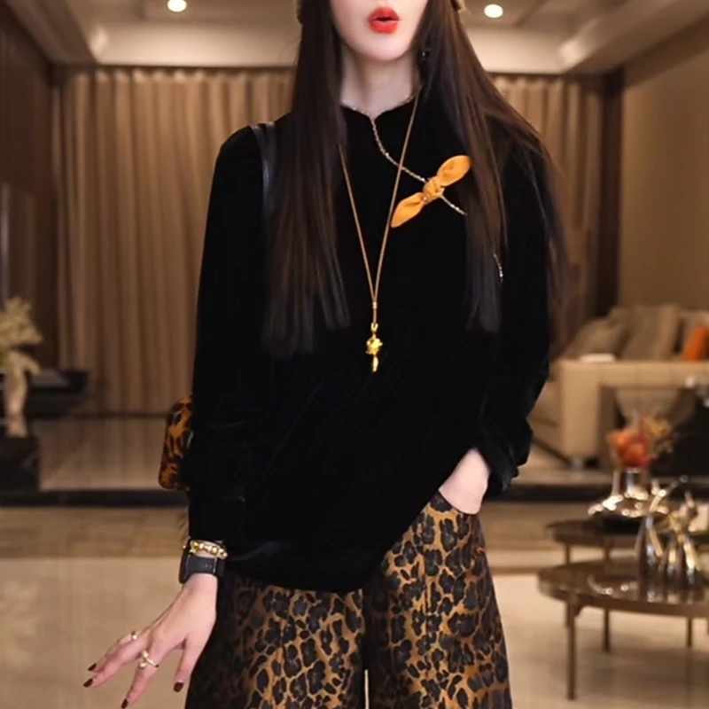 新中式黑色丝绒上衣女复古立领斜襟盘扣衬衫显瘦百搭国风长袖衬衣
