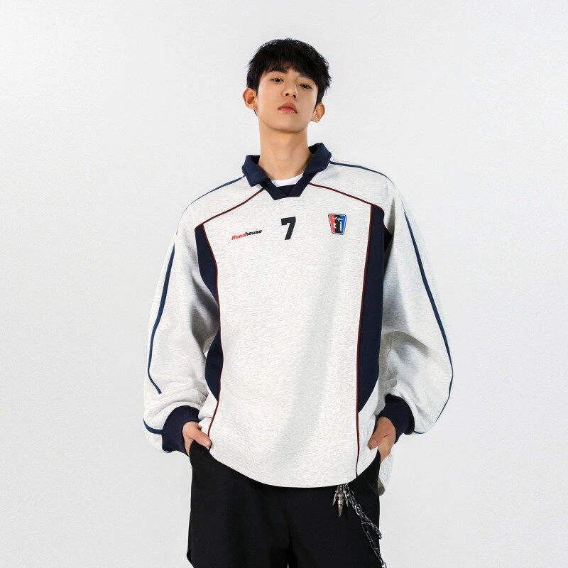 美式重磅运动卫衣男2025春新款复古拼接设计感百搭宽松polo领外套