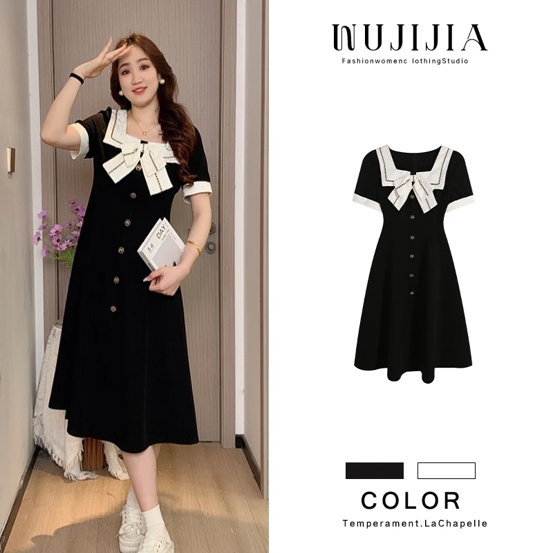 大码微胖短袖高端夏季新款法式显瘦遮肉胖mm小黑裙连衣裙ZL54423