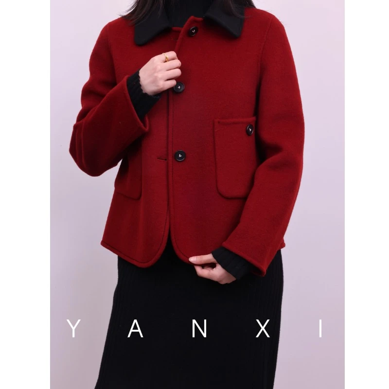 防风毛呢外套毛呢短款秋冬女装翻领小个子呢子