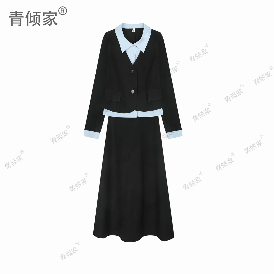 青倾家【海岸来信】春衬衫拼接假两件小香风西装外套半身两件套