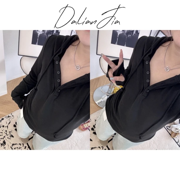 晶咕【香草可颂】简约款小连帽纽扣上衣薄款休闲百搭长袖正