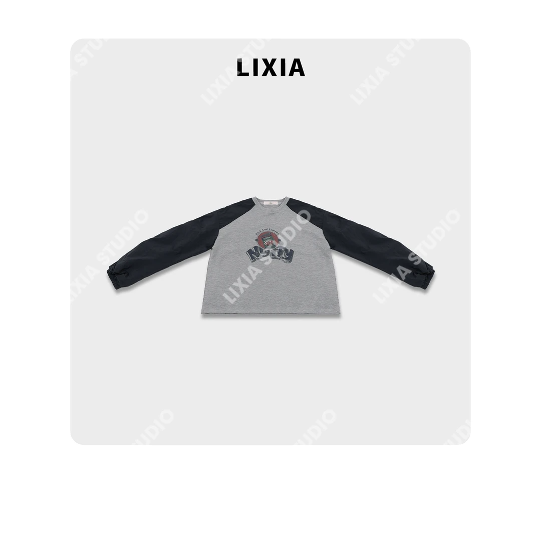 LIXIA【卡通小拼接】卡通字母印花下摆抽绳设计插肩袖卫衣-D9286