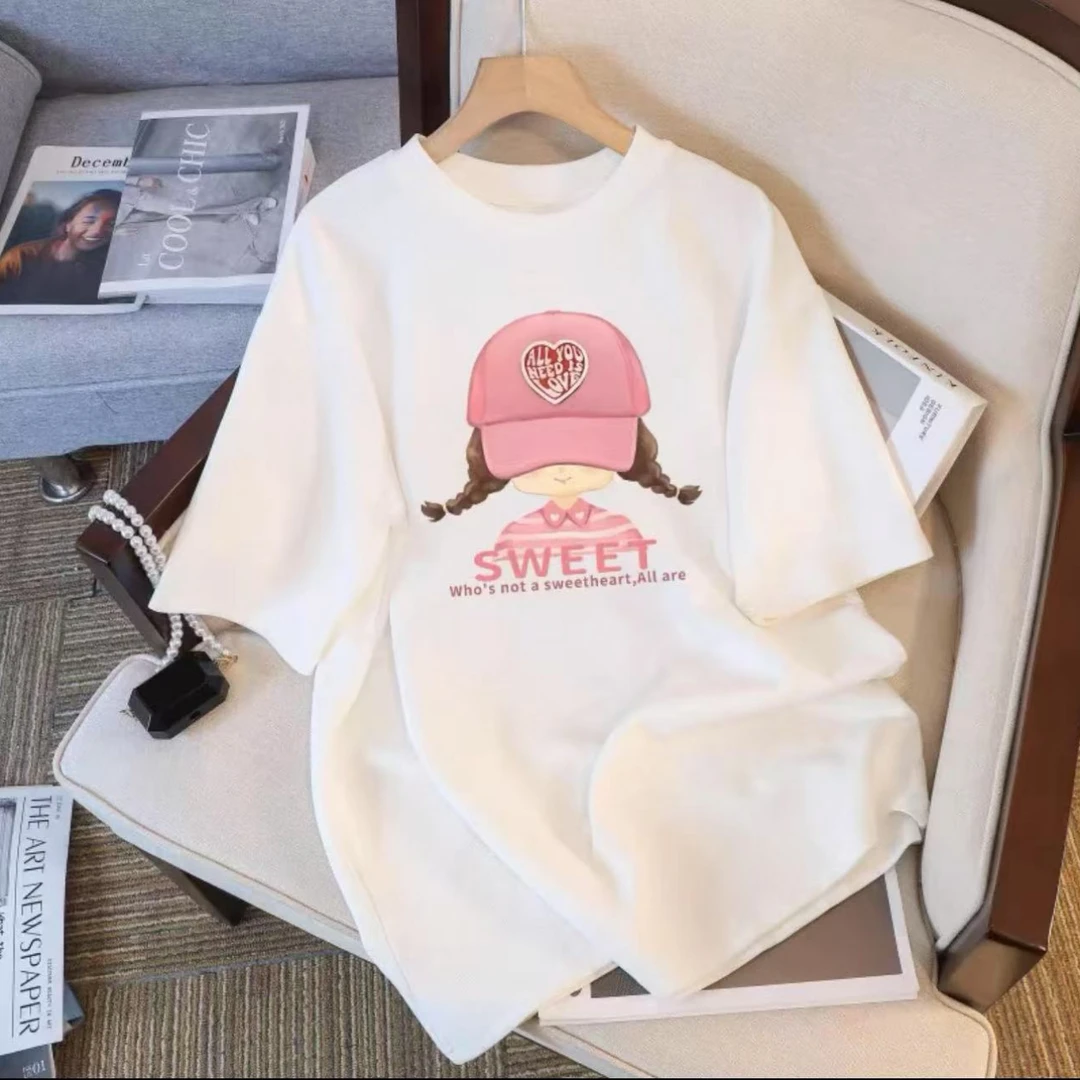 夏季短袖男女休闲透气时尚百搭圆领印花T恤 粉帽