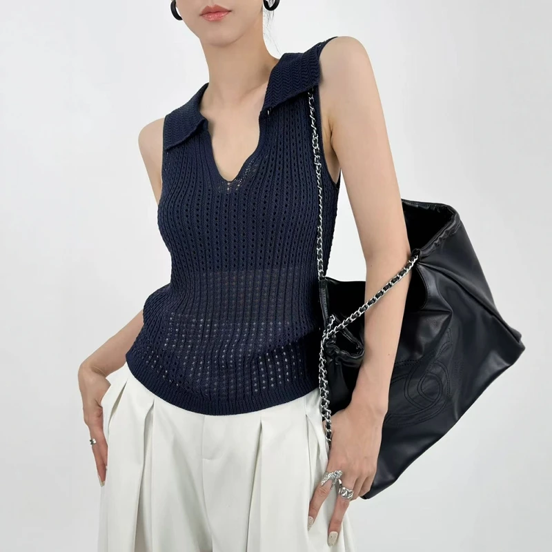 法式高级感镂空POLO衫翻领针织背心女夏季薄款藏青色冰丝无袖上衣