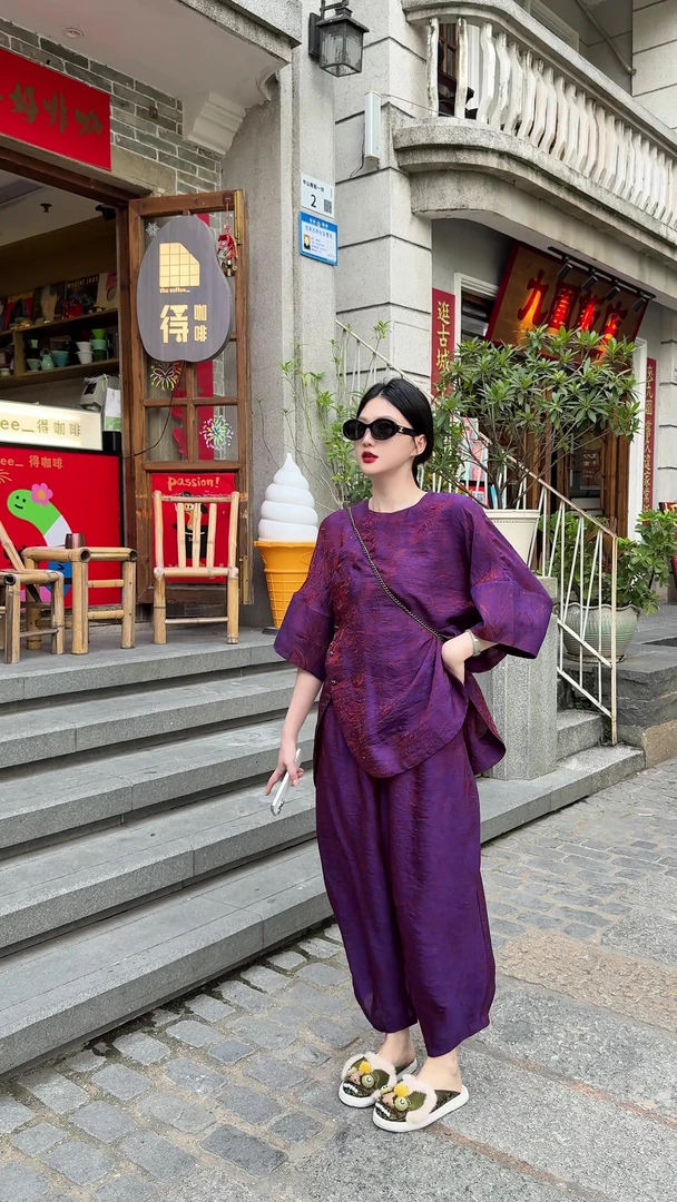 「悠哉」民族风夏季网红休闲圆领紫色提花汉服国风衬衫时尚宽松气质