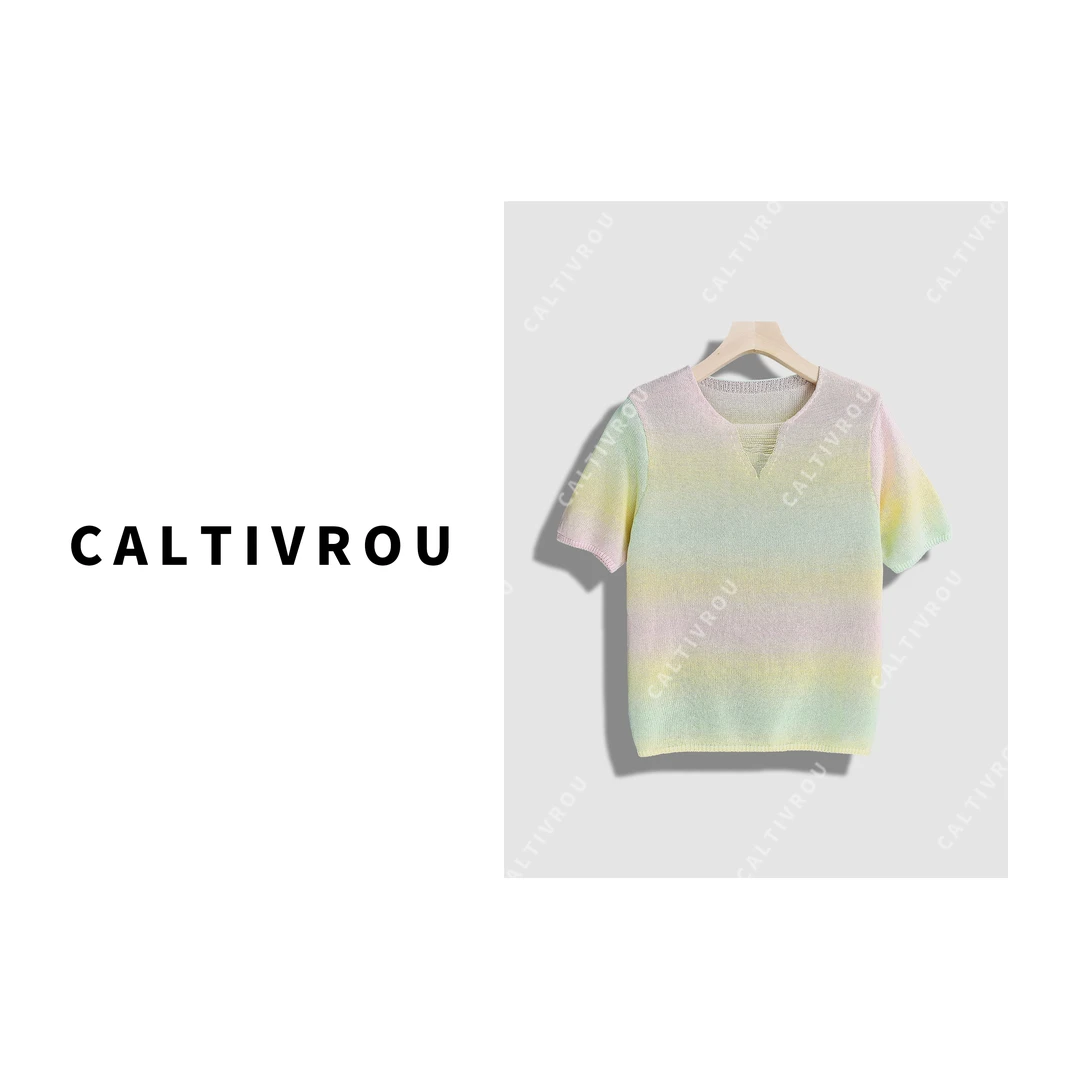 Caltivrou【微微】时尚百搭多巴胺渐变圆领针织短袖T恤-Y16483