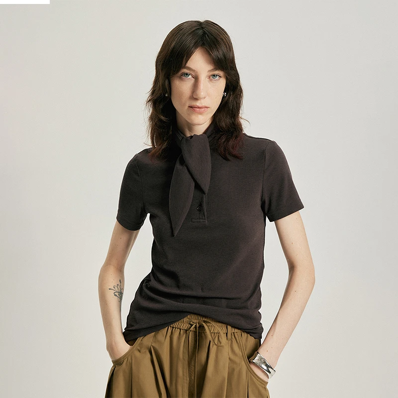 棘光THORNSAURA ”早秋新款“设计感解构系带领结修身T恤T2507ZW531