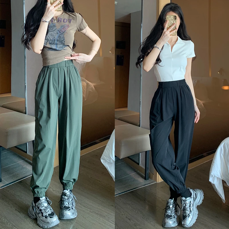 美式速干工装裤女夏季薄款运动休闲高腰显瘦宽松哈伦束脚冰丝裤子