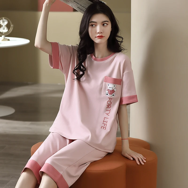 浪莎睡衣女士夏季短袖七分裤套装夏天圆领套头薄款可外穿家居服G