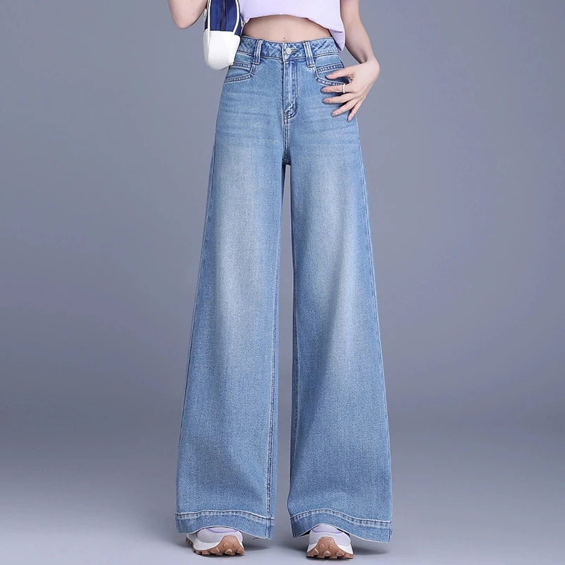 盼之浅蓝色宽松阔腿牛仔裤女2025春季新款高腰美式休闲长裤25039