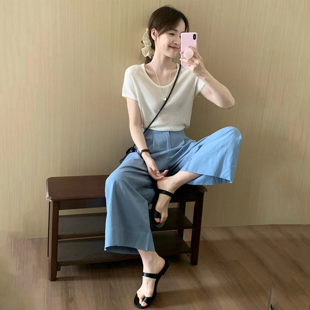 韩系穿搭一整套女2025夏季时尚减龄正肩针织短袖阔腿裤休闲两件套