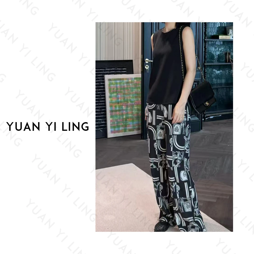 袁艺灵【爱马奢品】25夏款新经典高级感铁索马鞍印花直筒女装阔腿裤