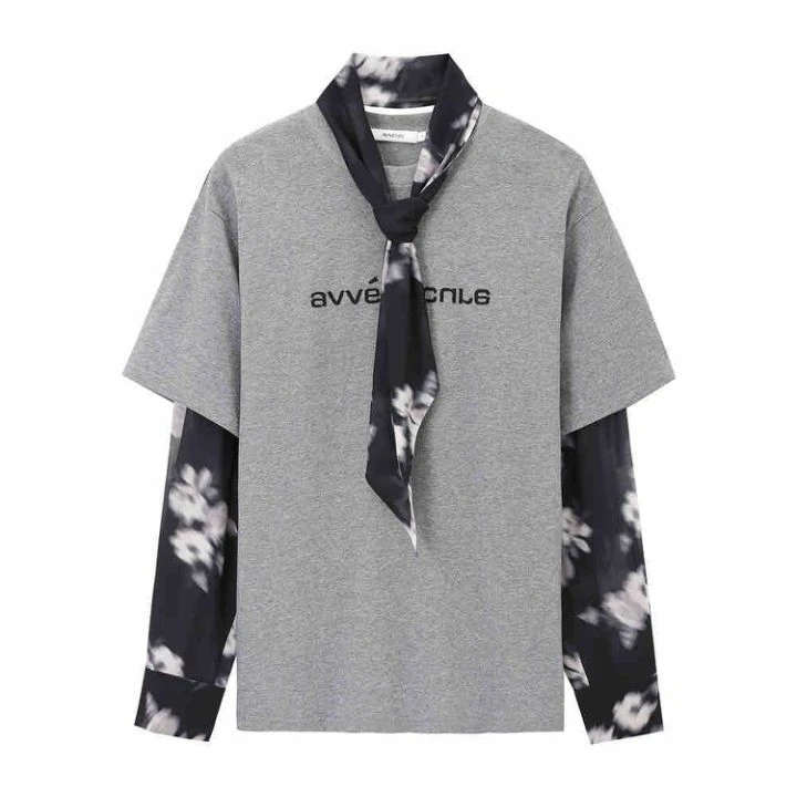 AVVENN 设计师品牌25春宽松撞色丝巾长袖T恤休闲时尚印花圆领长袖