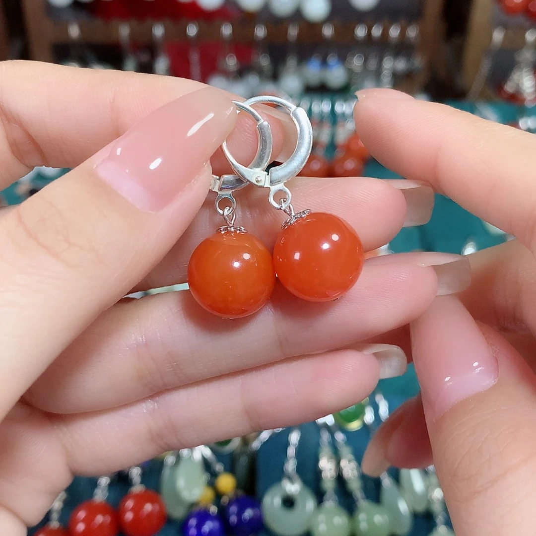 南红玛瑙耳饰银S925镶嵌卡13左右