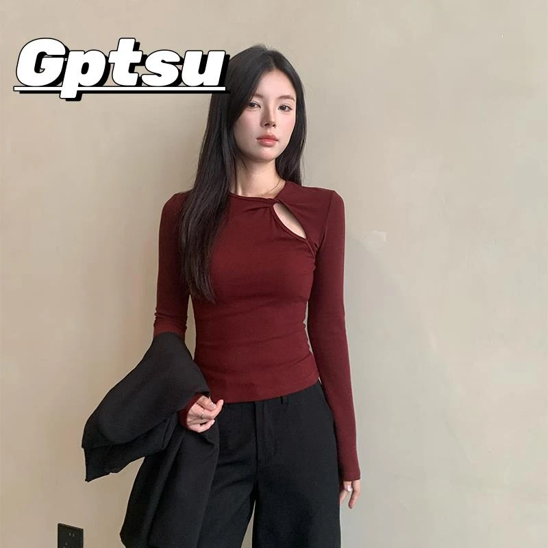 GPTSu长袖T恤女镂空设计感2025年秋季修身百搭薄款内搭打底衫上衣