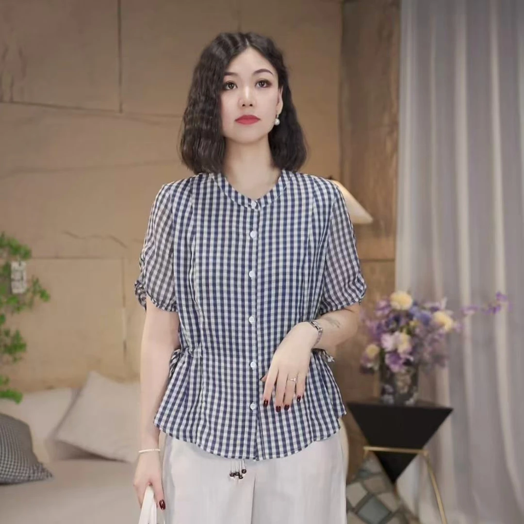 【依依推荐】172夏季百搭格仔圆领宽松型收腰设计时尚轻薄女士上衣