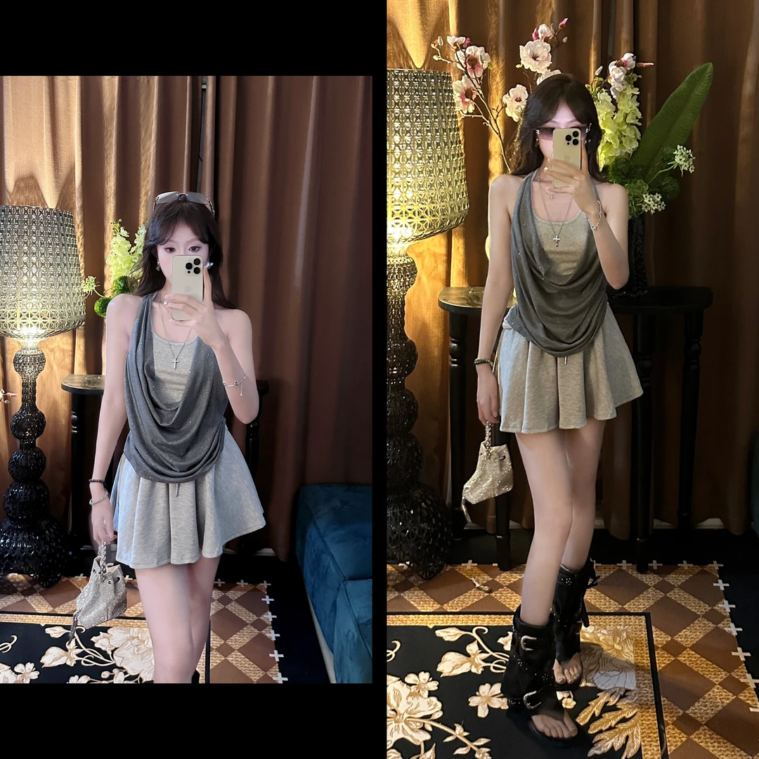 刘婆子店铺款【甜酷套装】辣妹拼接荡领背心218-6+裙裤218-5