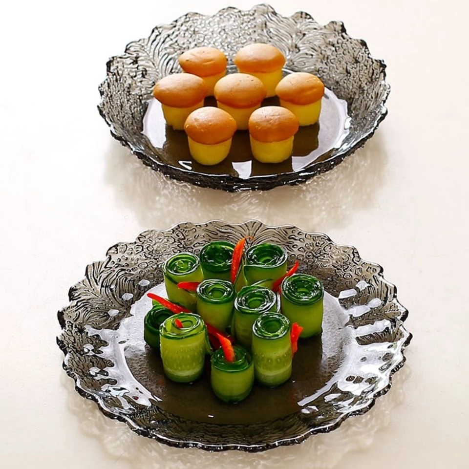 【双支装】烟灰色玻璃餐盘树叶纹水果盘家用