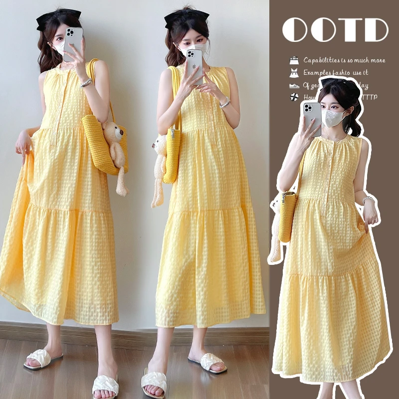 孕妇装法式无袖背心黄色连衣裙子女夏季新款度假沙滩长裙宽松
