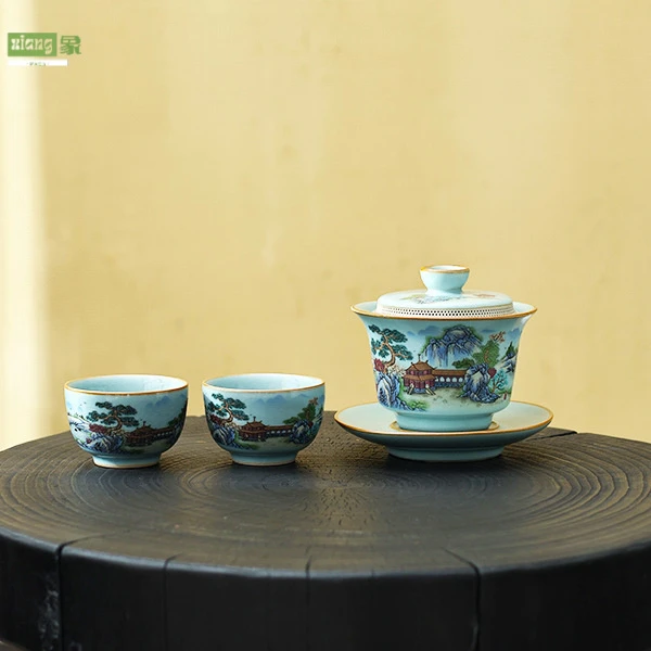 天青汝窑创意高端盖碗360度出水大号三才盖碗茶杯不烫手功夫茶具
