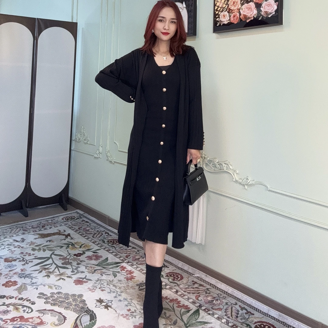 气质排扣背心裙长外套两件套套装