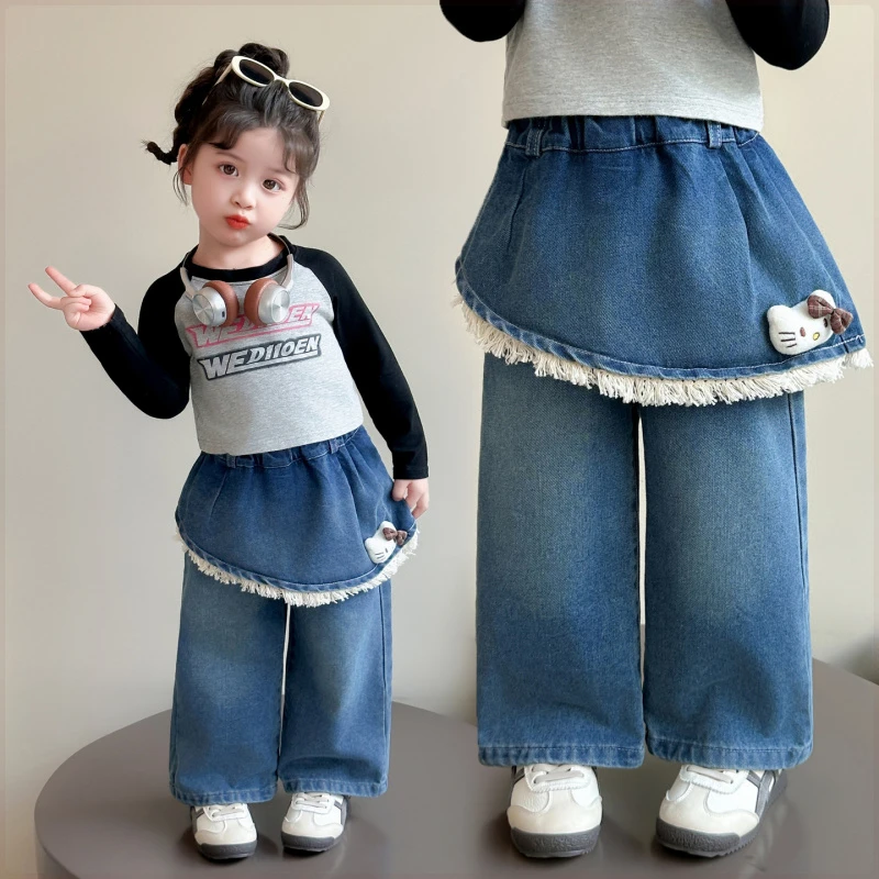 女童牛仔裤子春秋季新款儿童洋气猫咪屁帘女宝秋装韩版直筒裤