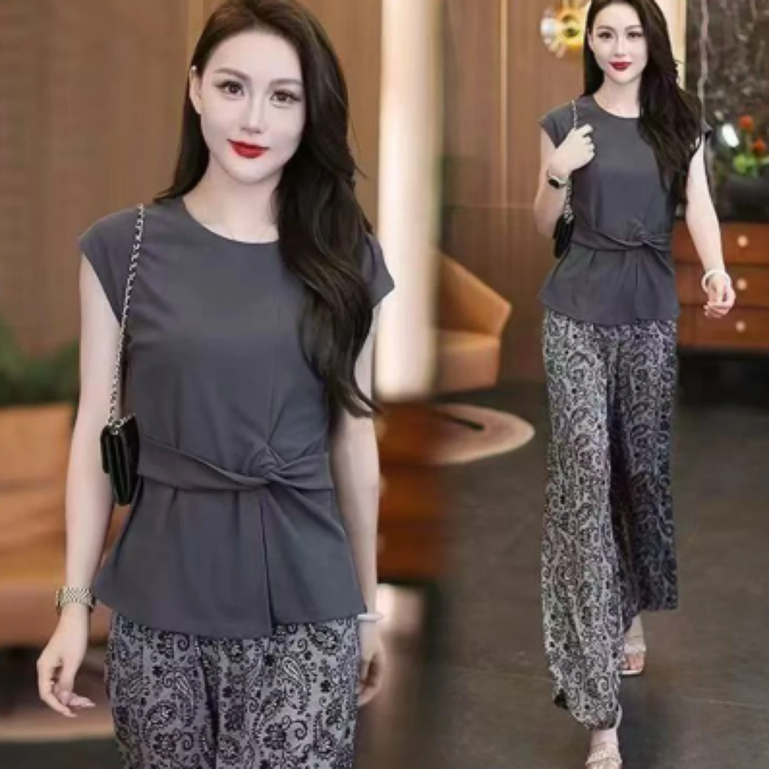 2552#【衣长56裤长96】轻熟小众不撞款夏装女上衣阔腿裤套装