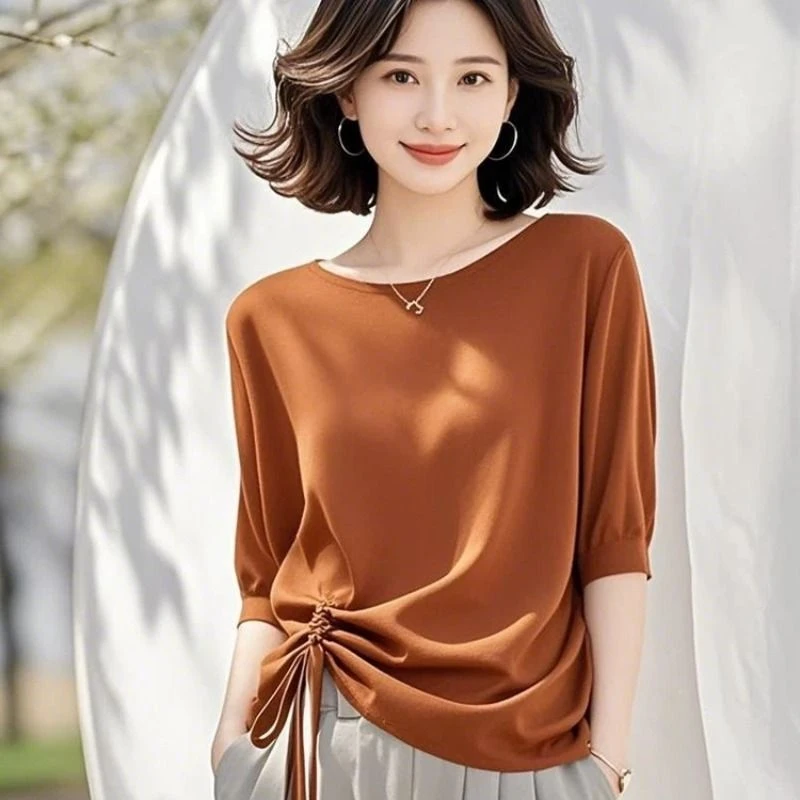 夏季新款小众橄榄绿设计感抽绳褶皱短袖T恤女简约风上衣