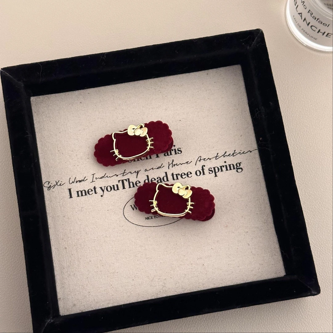 圣火喵喵！酒红植绒发夹！法式丝绒花边kt刘海碎发夹显白卡通边夹