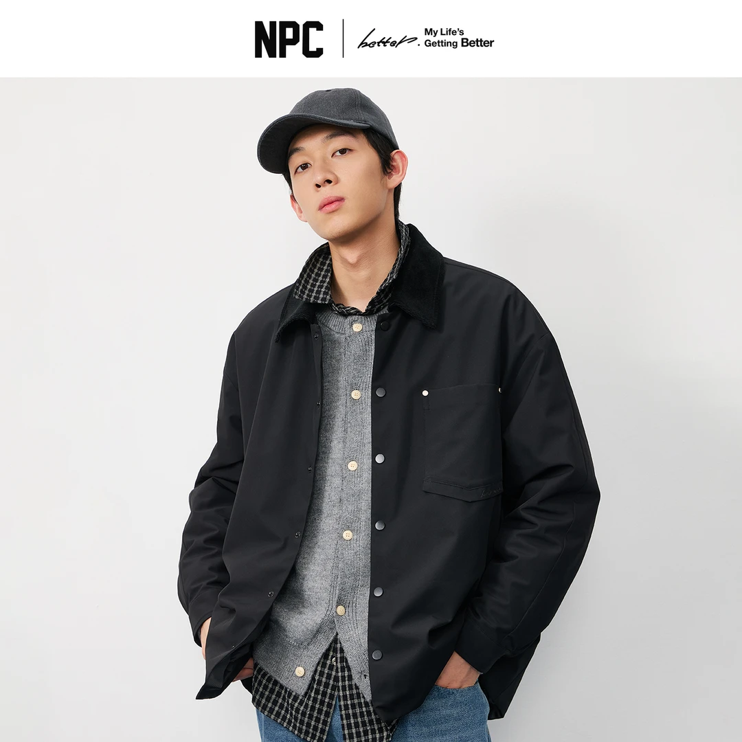 NPC潮牌拼接灯芯绒领口鸭绒羽绒夹克男教练夹克秋冬NP57DJ62