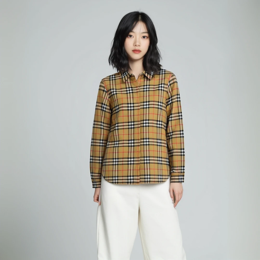 99新 BURBERRY/博柏利 13062128 格纹翻领衬衫 驼色 UK4码