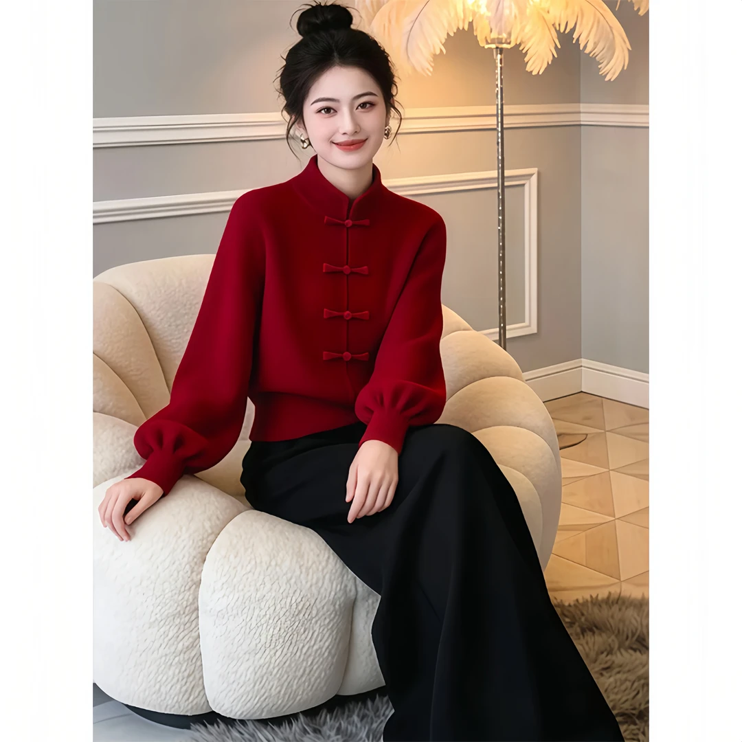 新中式立领盘扣粗线上衣2025秋季独特超好看短款灯笼袖针织衫